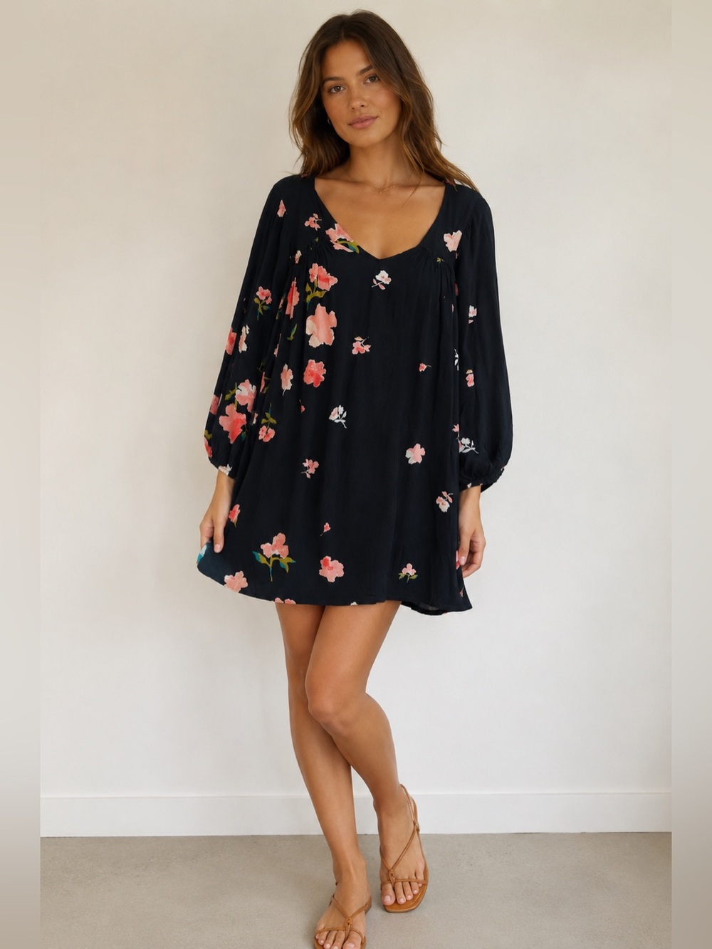 Billabong Floral Babydoll Mini Dress Size XS Black Pink Boho Flirty Long Sleeve